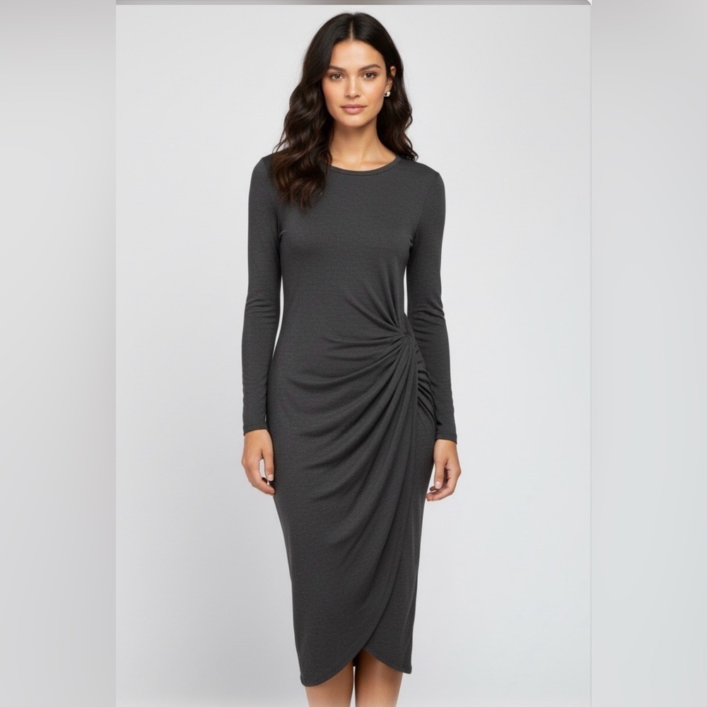 Loveappella Grey Asymmetrical Ruched Long Sleeve Midi Dress Chic!